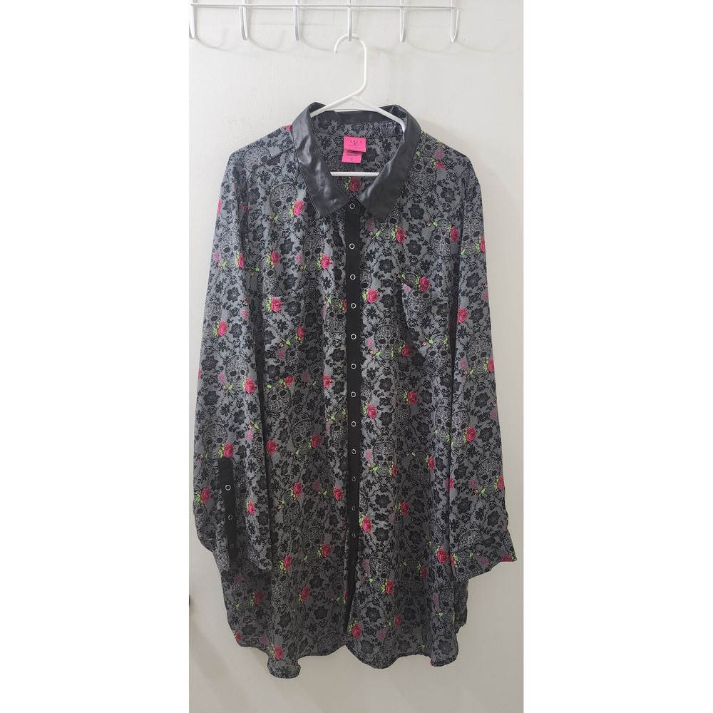 Torrid Betsey Johnson Skull Rose Lace Print Faux Leather Collar Tunic Top Sz 5